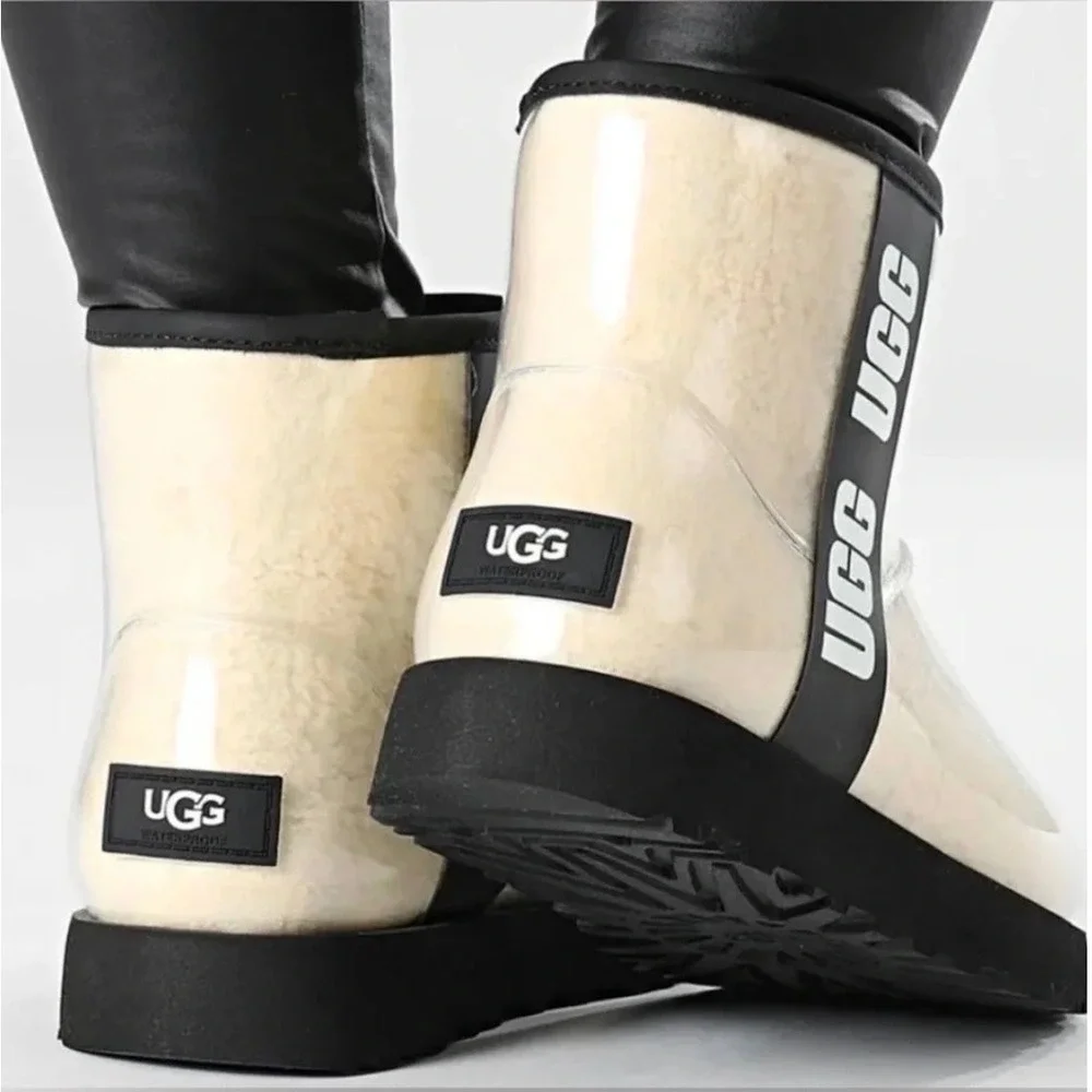 UGG Classic Clear Waterproof Boots Natural Black‎ 1113190 Sheepskin Pull On 10